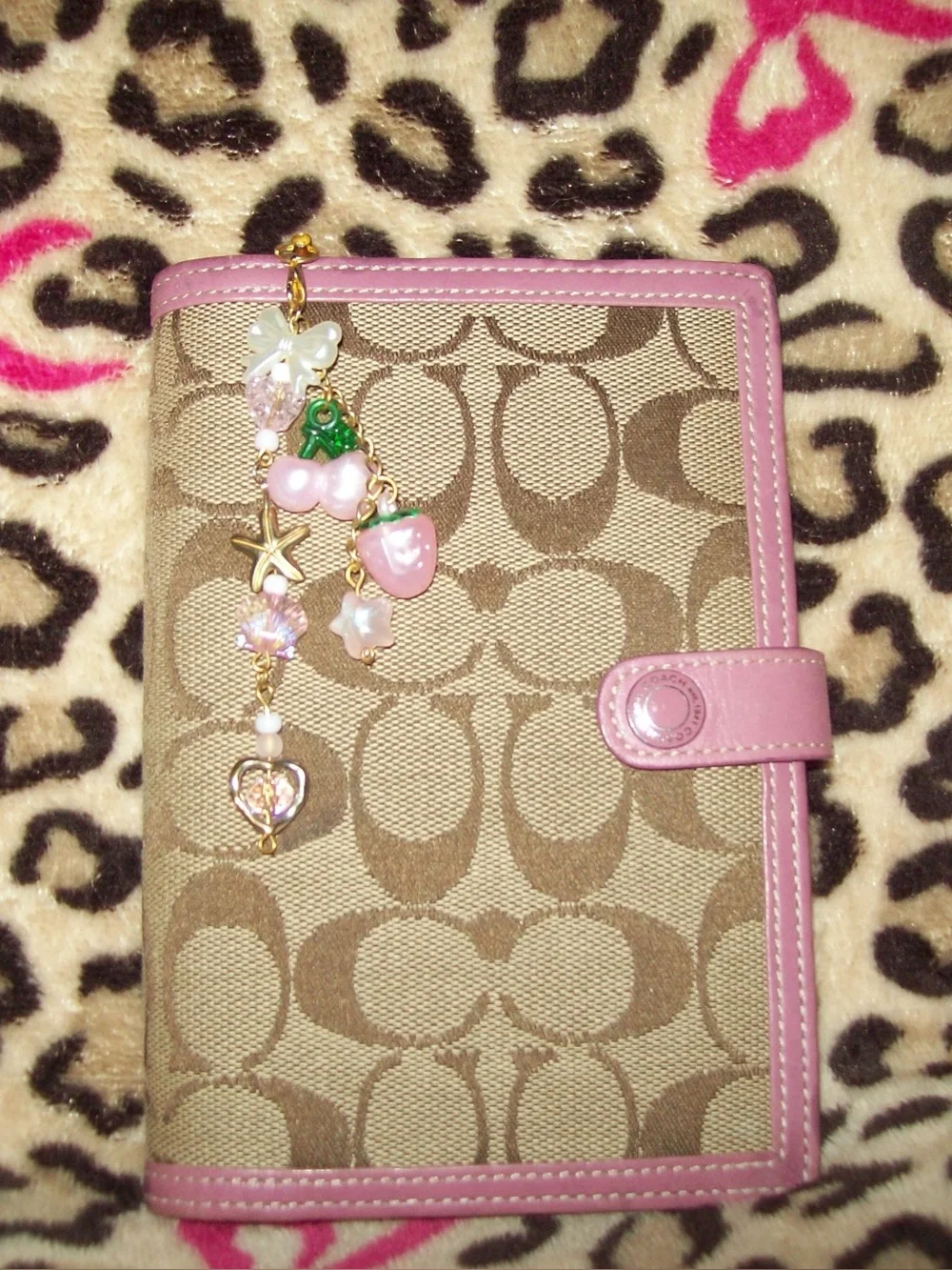 Coach Beige Signature Card Holder with Pink Trim and Charm Dangle